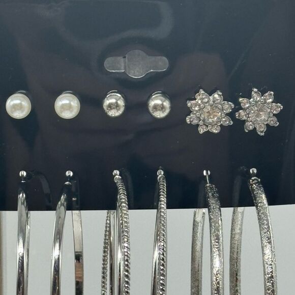 Variety 6 Pair Silver Tone Multi Stud And Hoop Earrings 1.75 - 2.5 inch - Picture 1 of 5